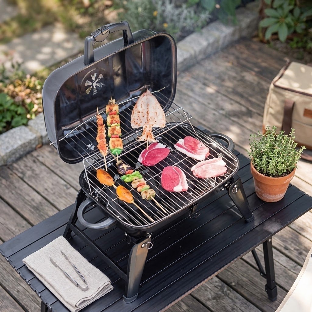 Barbecue Portable Pliable au Charbon – 3-4 Personnes, Grille Porcelaine, Camping & Pique-Nique - Smiles shop
