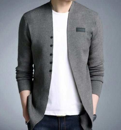 Cardigan Homme Slim Fit Boutons Décoratifs – Coton Mélangé, Style Casual Street, Gris & Noir - Smiles shop