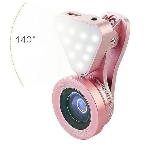 Clip Selfie 3-en-1 Glow Face – Objectif Grand Angle 140°, Macro 15x & Anneau LED Rose Rechargeable - Smiles shop