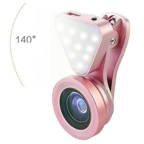 Clip Selfie 3-en-1 Glow Face – Objectif Grand Angle 140°, Macro 15x & Anneau LED Rose Rechargeable - Smiles shop