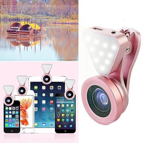 Clip Selfie 3-en-1 Glow Face – Objectif Grand Angle 140°, Macro 15x & Anneau LED Rose Rechargeable - Smiles shop