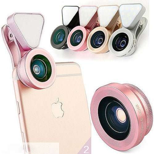 Clip Selfie 3-en-1 Glow Face – Objectif Grand Angle 140°, Macro 15x & Anneau LED Rose Rechargeable - Smiles shop
