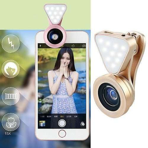 Clip Selfie 3-en-1 Glow Face – Objectif Grand Angle 140°, Macro 15x & Anneau LED Rose Rechargeable - Smiles shop