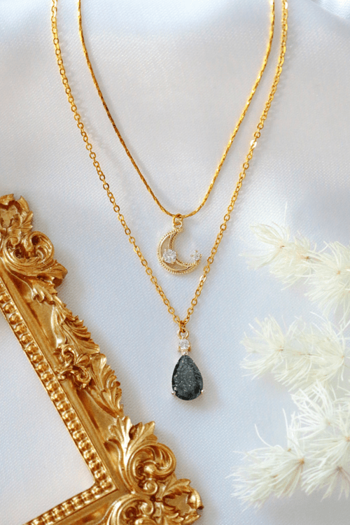 Collier Double Chaîne Lune & Larme – Plaqué Or 18 Carats, Zirconia, Fait Main en Suède - Smiles shop