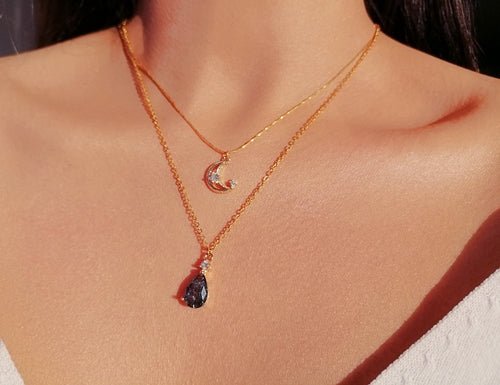 Collier Double Chaîne Lune & Larme – Plaqué Or 18 Carats, Zirconia, Fait Main en Suède - Smiles shop