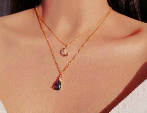Collier Double Chaîne Lune & Larme – Plaqué Or 18 Carats, Zirconia, Fait Main en Suède - Smiles shop