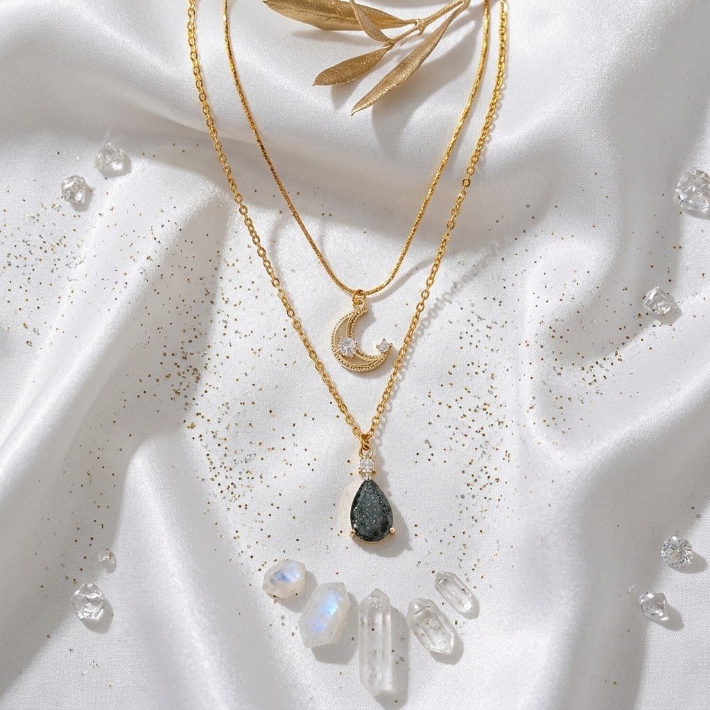 Collier Double Chaîne Lune & Larme – Plaqué Or 18 Carats, Zirconia, Fait Main en Suède - Smiles shop