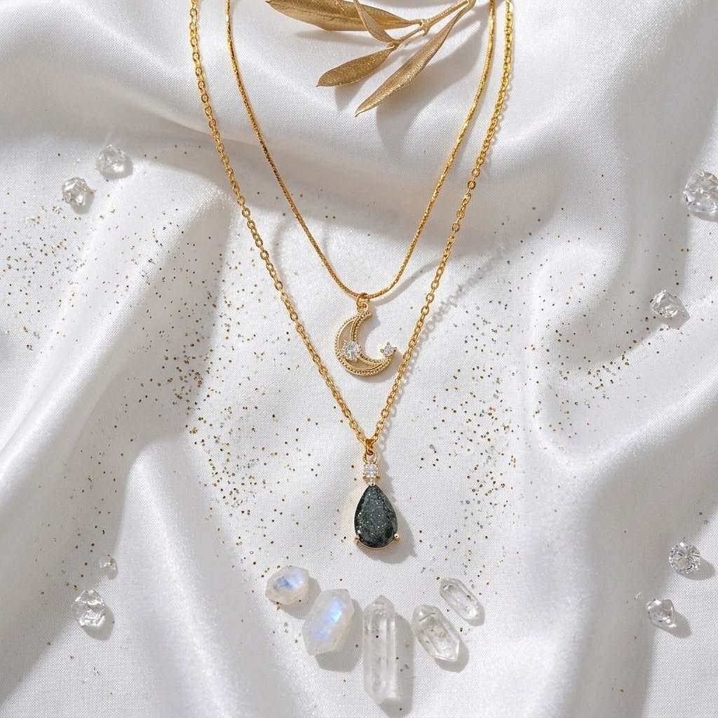 Collier Double Chaîne Lune & Larme – Plaqué Or 18 Carats, Zirconia, Fait Main en Suède - Smiles shop
