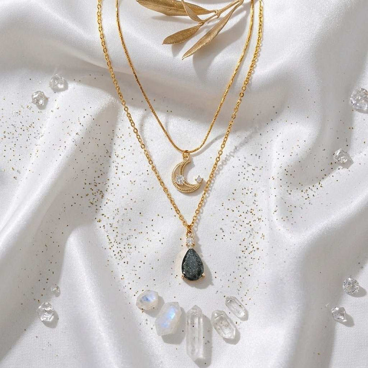Collier Double Chaîne Lune & Larme – Plaqué Or 18 Carats, Zirconia, Fait Main en Suède - Smiles shop