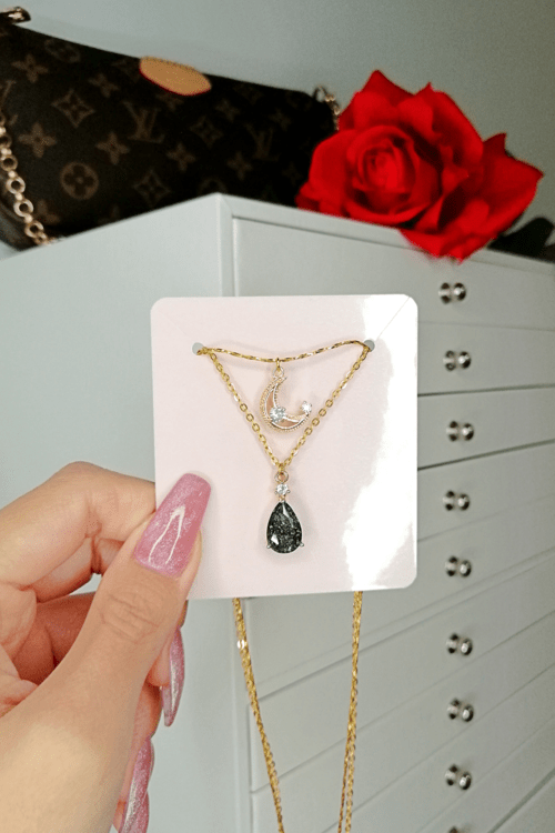 Collier Double Chaîne Lune & Larme – Plaqué Or 18 Carats, Zirconia, Fait Main en Suède - Smiles shop