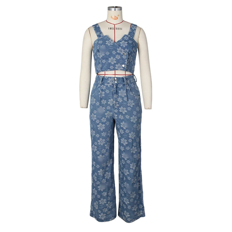 Ensemble 2 Pièces Femme – Top & Jean Floral Taille Haute - Smiles shop