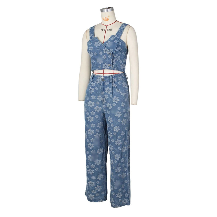 Ensemble 2 Pièces Femme – Top & Jean Floral Taille Haute - Smiles shop