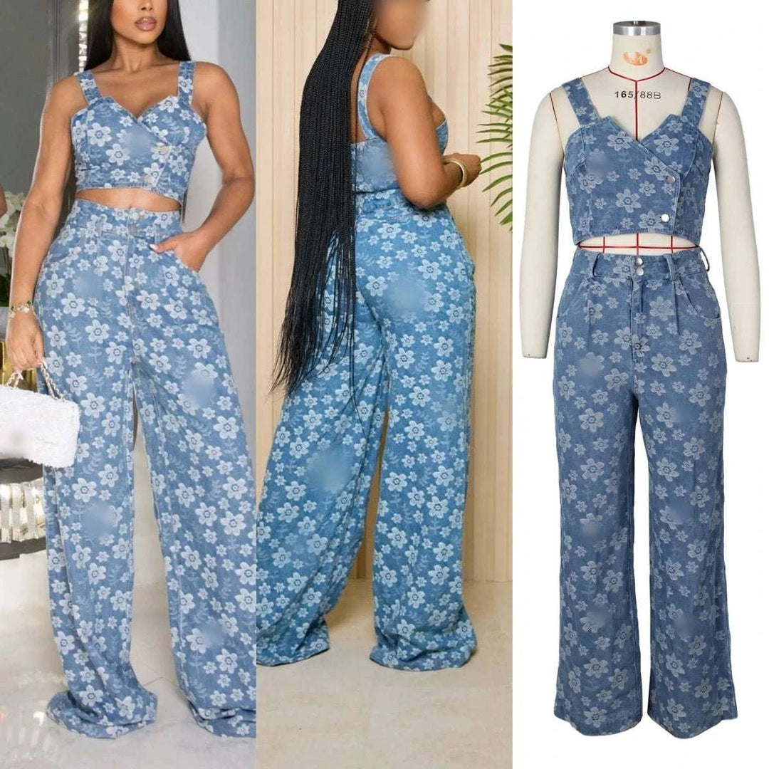 Ensemble 2 Pièces Femme – Top & Jean Floral Taille Haute - Smiles shop