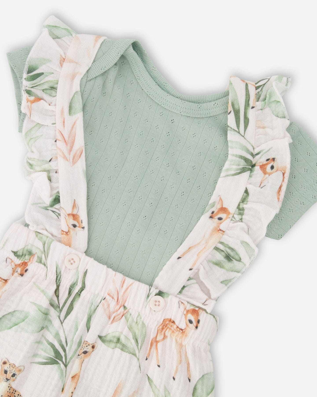 Ensemble Body Pointelle & Salopette Mousseline Bébé – Imprimé Cerf Vert & Pêche - Smiles shop