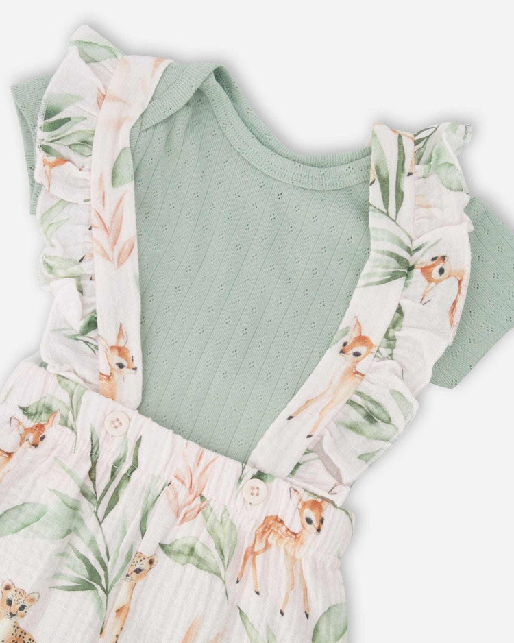 Ensemble Body Pointelle & Salopette Mousseline Bébé – Imprimé Cerf Vert & Pêche - Smiles shop