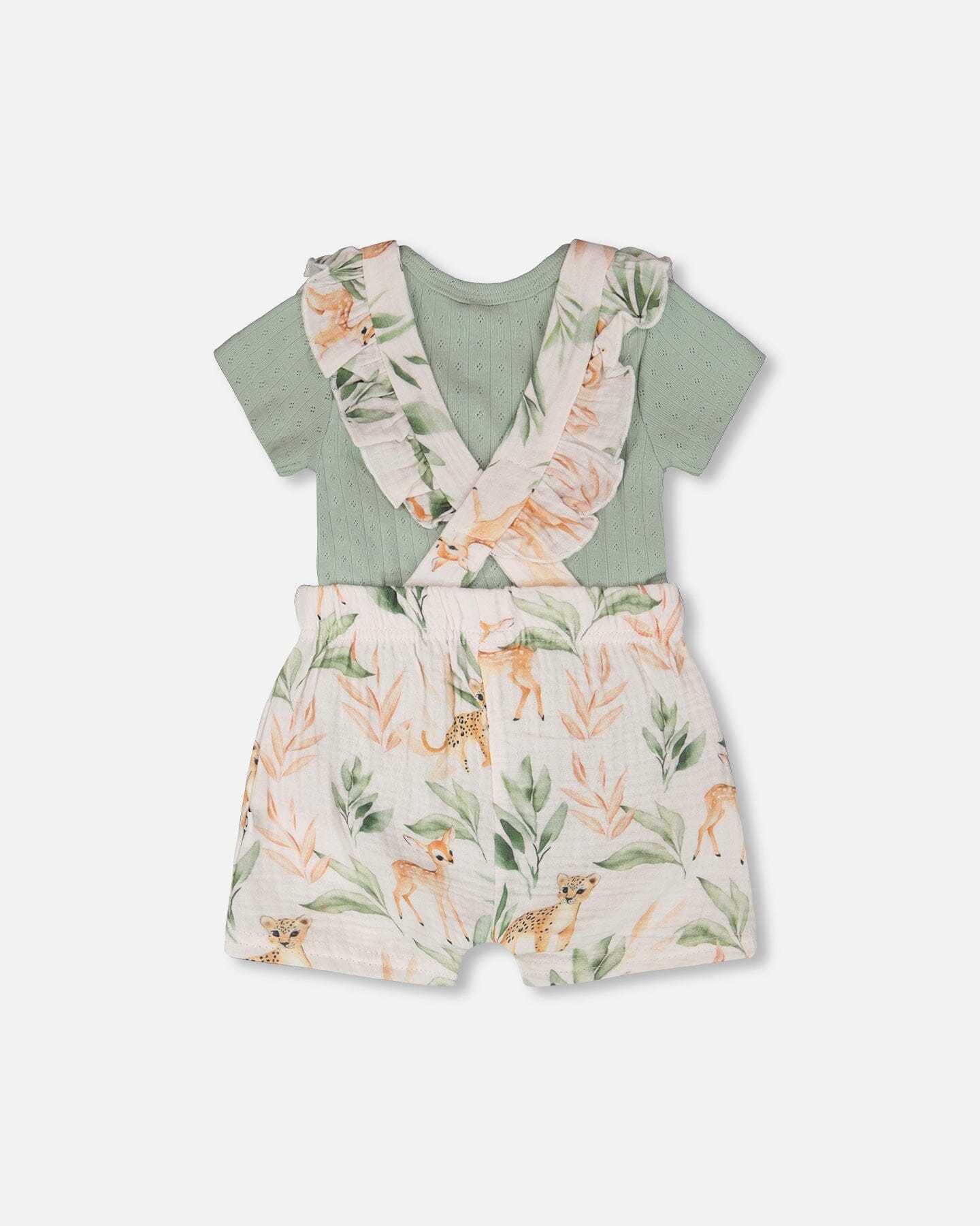 Ensemble Body Pointelle & Salopette Mousseline Bébé – Imprimé Cerf Vert & Pêche - Smiles shop