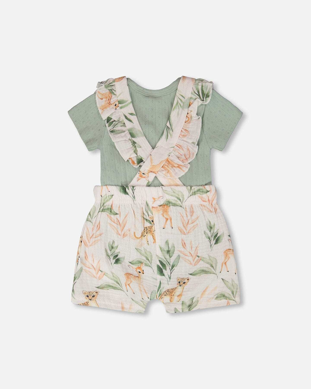 Ensemble Body Pointelle & Salopette Mousseline Bébé – Imprimé Cerf Vert & Pêche - Smiles shop