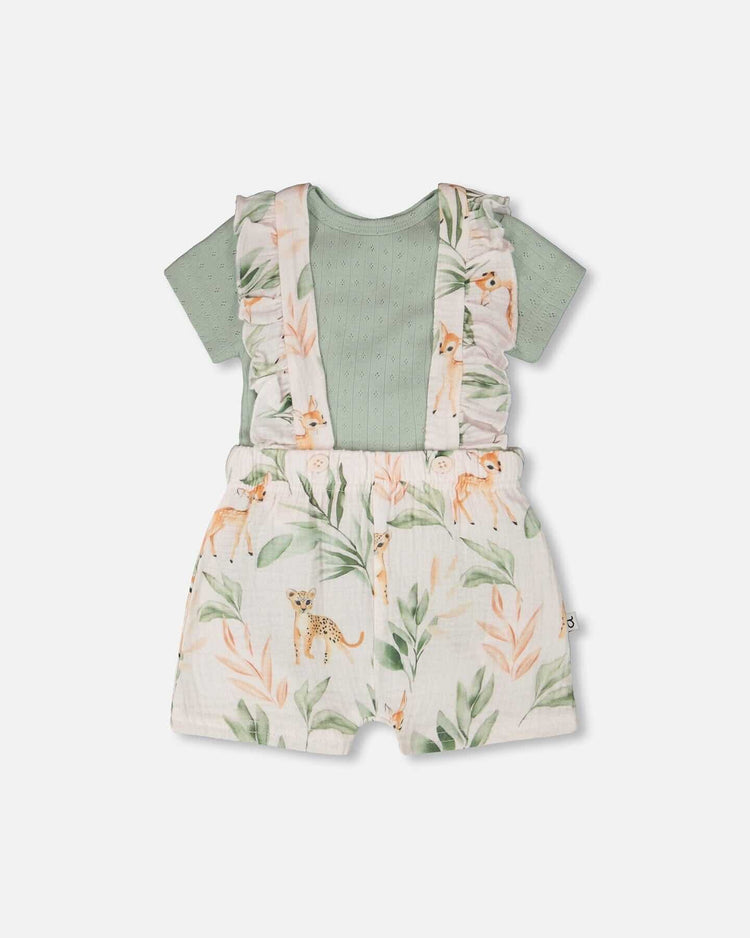 Ensemble Body Pointelle & Salopette Mousseline Bébé – Imprimé Cerf Vert & Pêche - Smiles shop