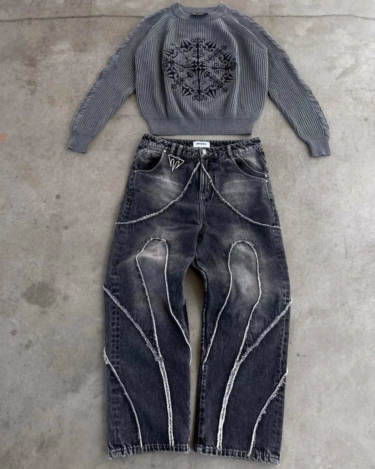 Jean Baggy Gothic Y2K Homme – Brodé Patchwork Bords Bruts - Smiles shop