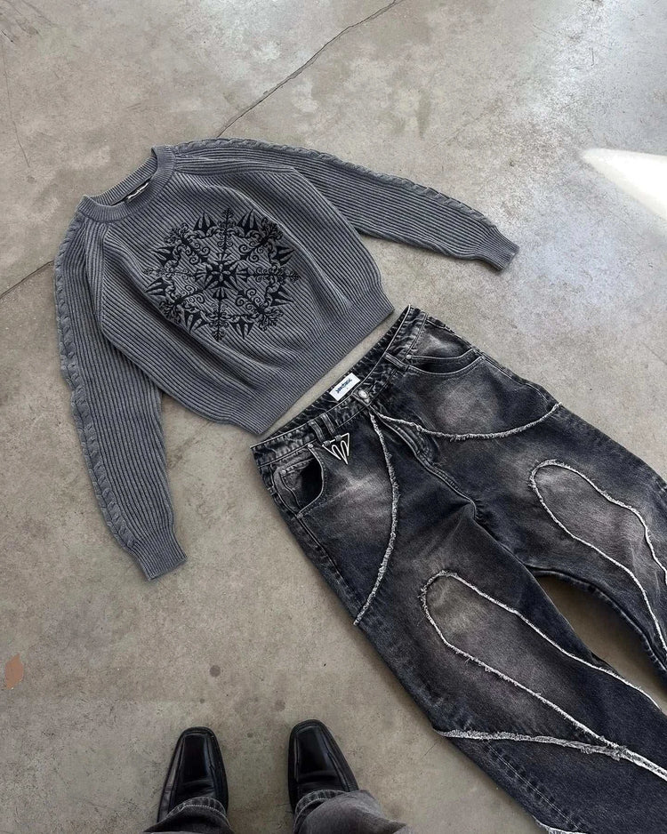 Jean Baggy Gothic Y2K Homme – Brodé Patchwork Bords Bruts - Smiles shop