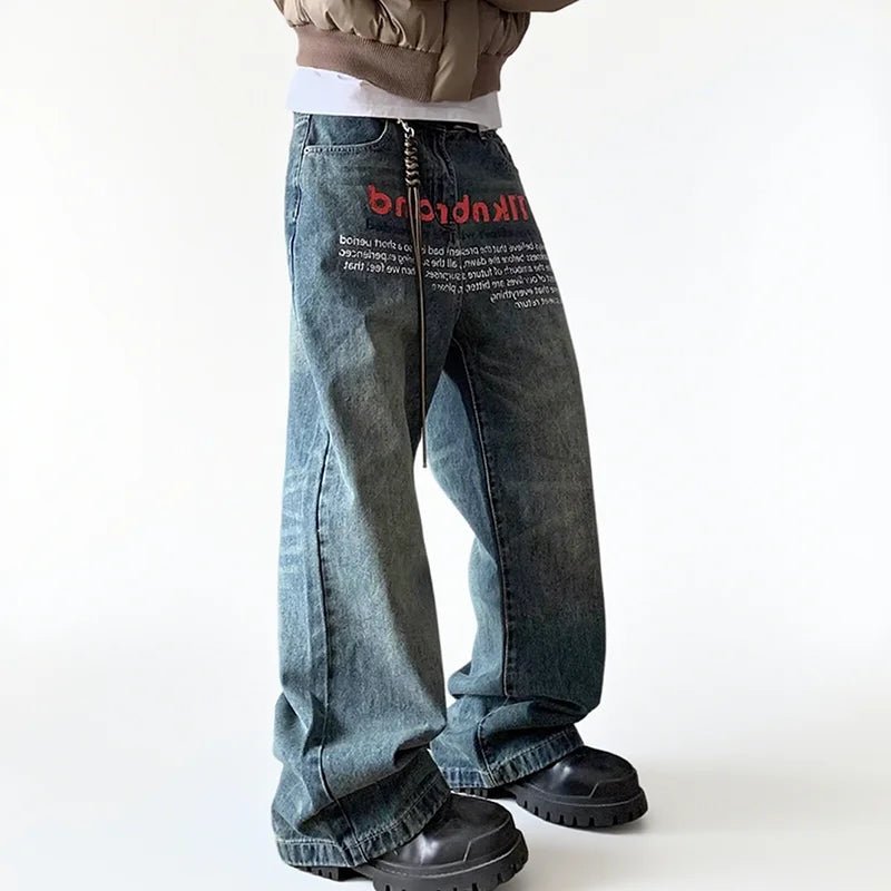 Jean Large Homme Imprimé Lettres – Style Hip Hop Coréen Rétro, Coupe Droite - Smiles shop
