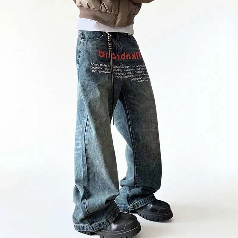 Jean Large Homme Imprimé Lettres – Style Hip Hop Coréen Rétro, Coupe Droite - Smiles shop