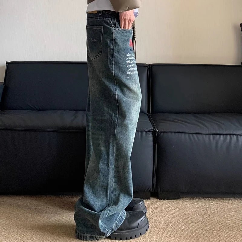 Jean Large Homme Imprimé Lettres – Style Hip Hop Coréen Rétro, Coupe Droite - Smiles shop