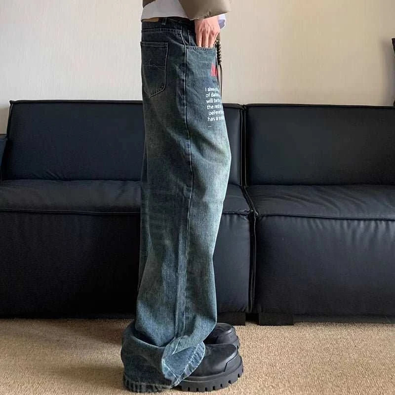 Jean Large Homme Imprimé Lettres – Style Hip Hop Coréen Rétro, Coupe Droite - Smiles shop