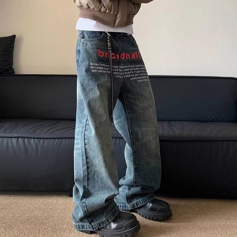 Jean Large Homme Imprimé Lettres – Style Hip Hop Coréen Rétro, Coupe Droite - Smiles shop