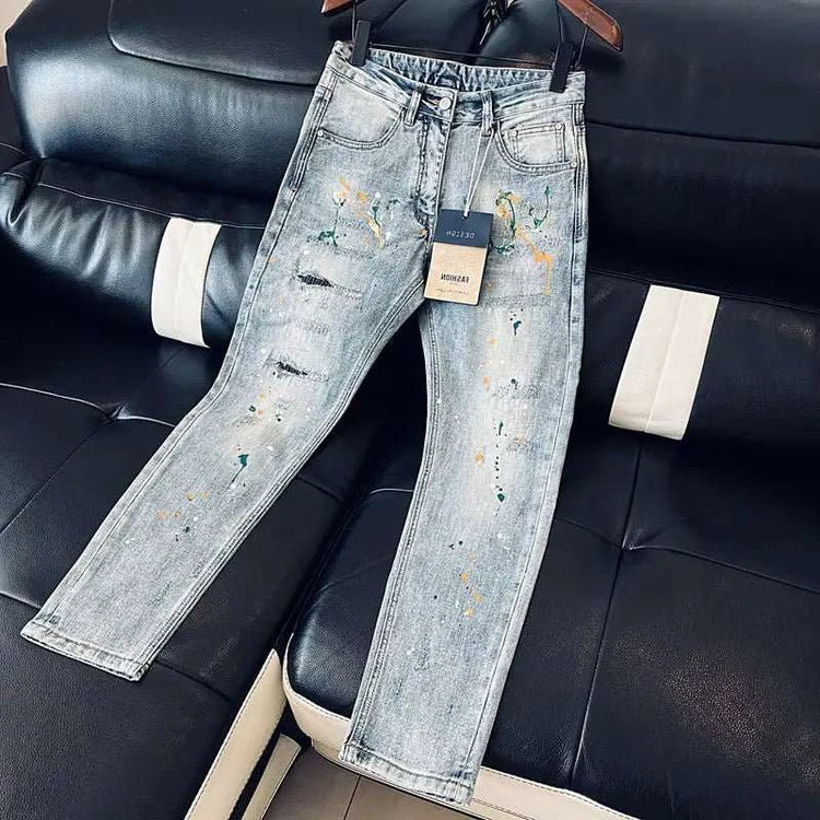 Jean Slim Bleu Clair Style Coréen – Hip Hop Splash Wash - Smiles shop