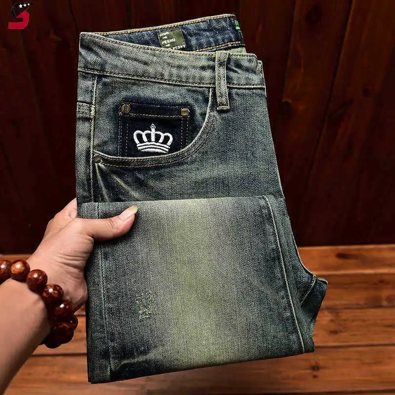 Jean Slim Élastique Brodé Retro Homme – Coupe Ajustée Tendance - Smiles shop