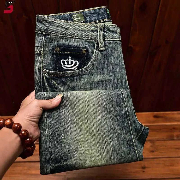 Jean Slim Élastique Brodé Retro Homme – Coupe Ajustée Tendance - Smiles shop