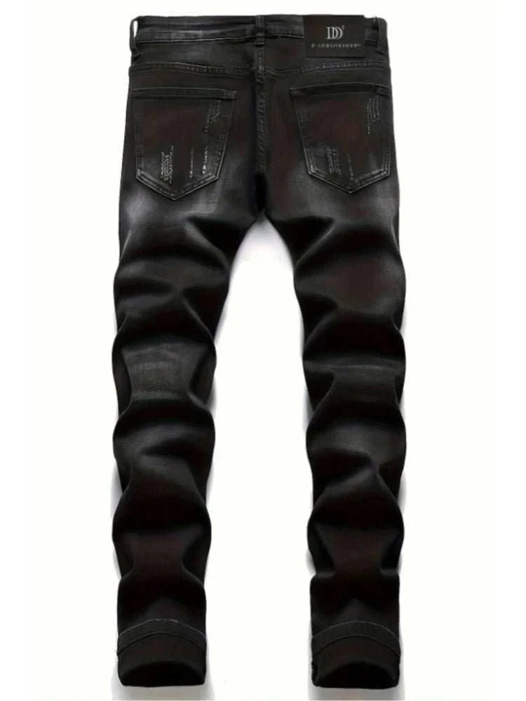 Jean Slim Noir Destroy Homme – Patch Tête de Mort, Broderie & Style Biker Rétro - Smiles shop
