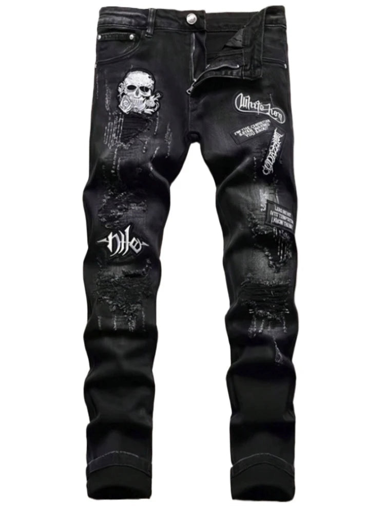 Jean Slim Noir Destroy Homme – Patch Tête de Mort, Broderie & Style Biker Rétro - Smiles shop
