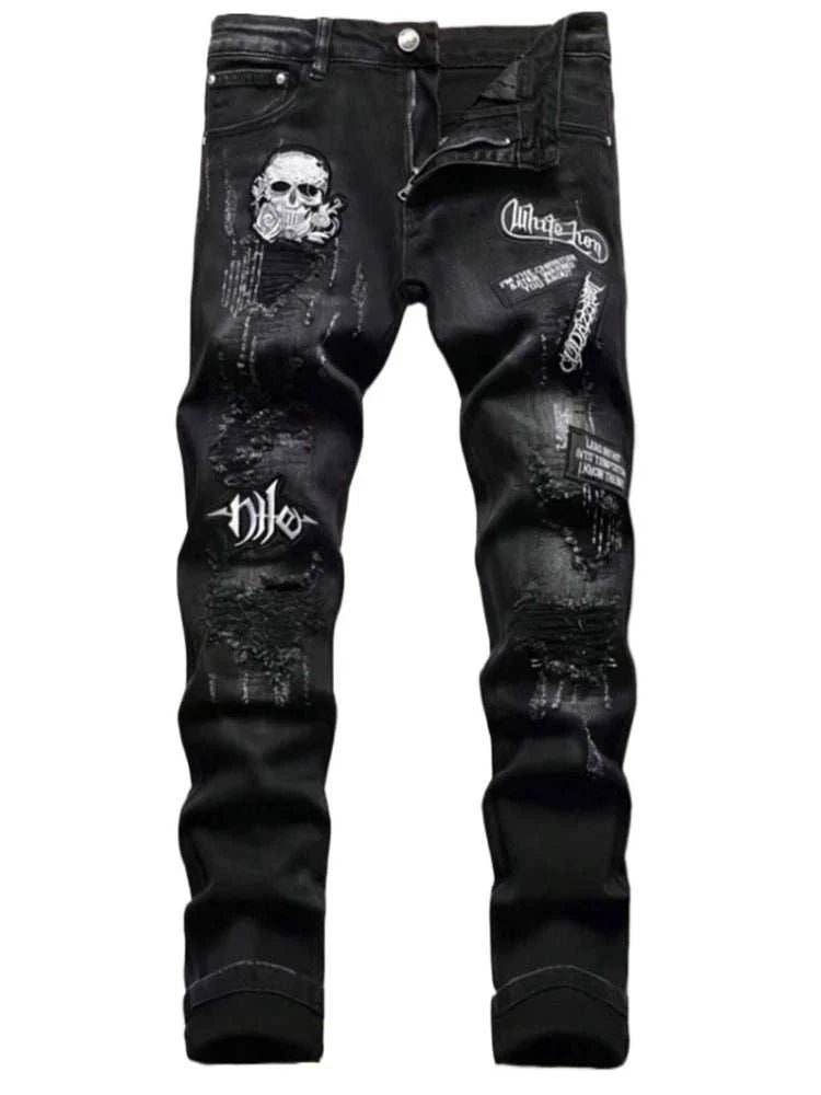 Jean Slim Noir Destroy Homme – Patch Tête de Mort, Broderie & Style Biker Rétro - Smiles shop