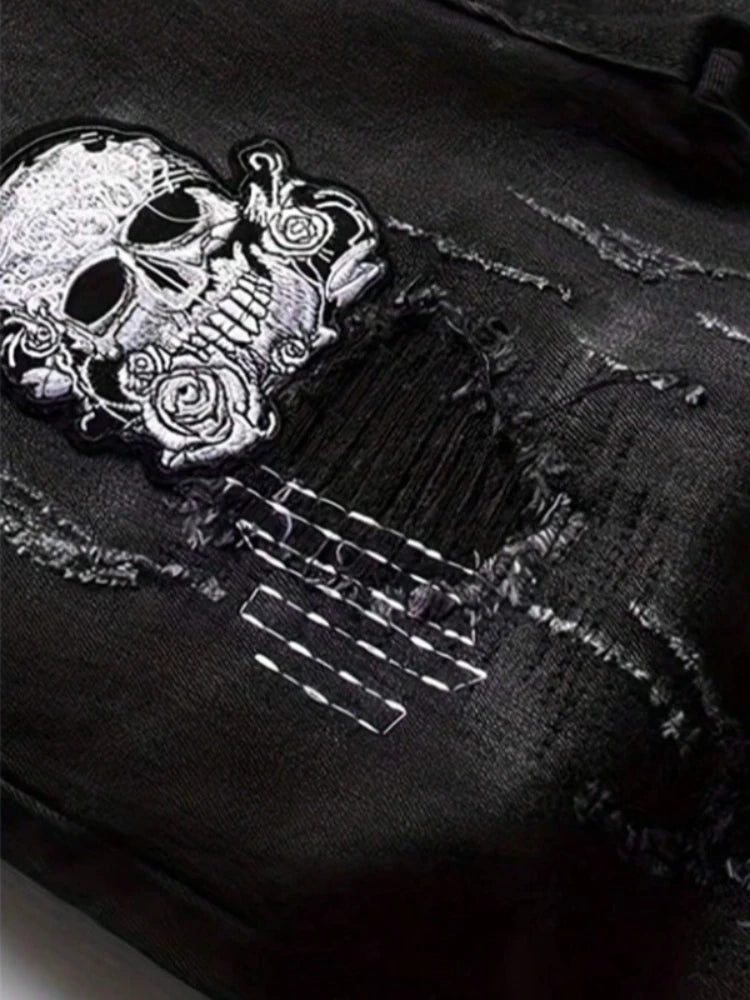 Jean Slim Noir Destroy Homme – Patch Tête de Mort, Broderie & Style Biker Rétro - Smiles shop