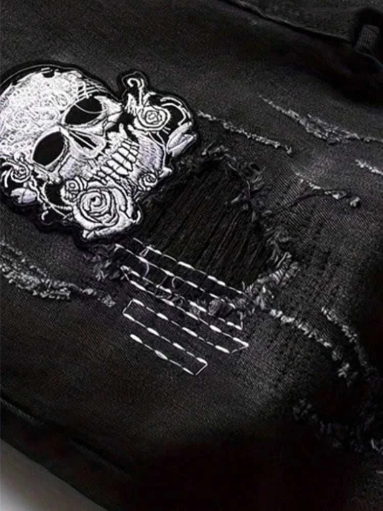Jean Slim Noir Destroy Homme – Patch Tête de Mort, Broderie & Style Biker Rétro - Smiles shop