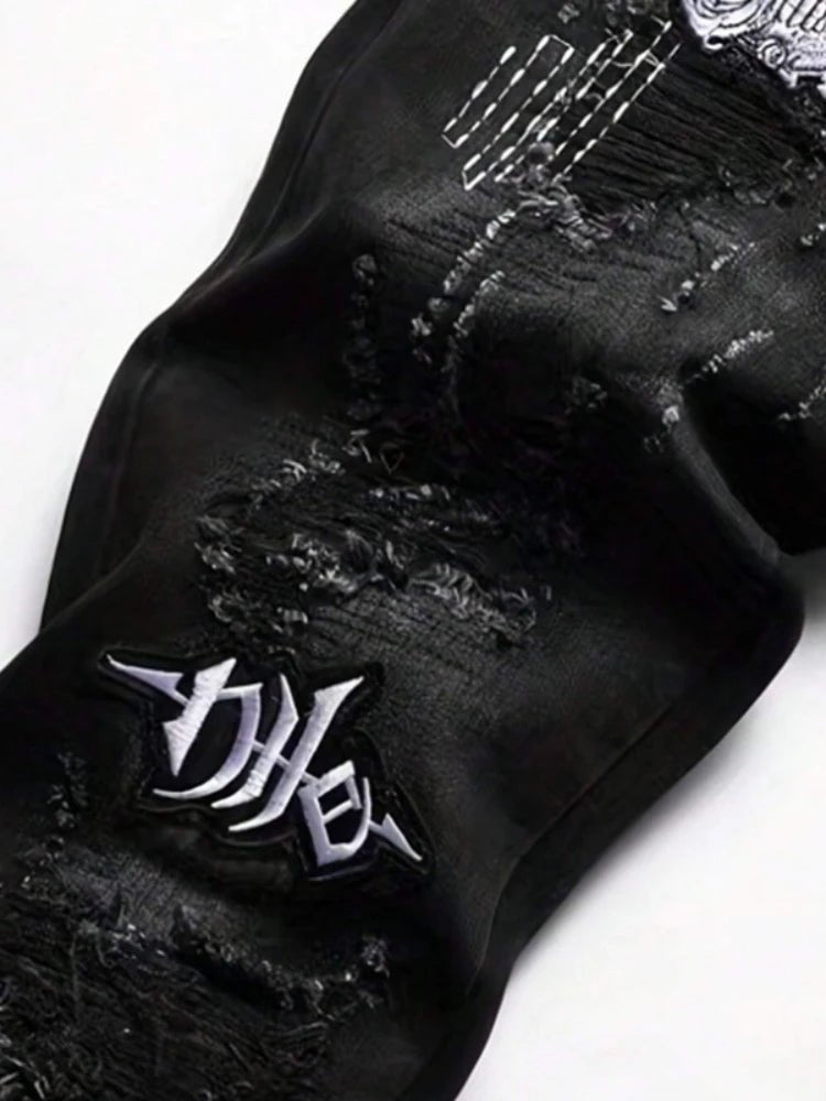 Jean Slim Noir Destroy Homme – Patch Tête de Mort, Broderie & Style Biker Rétro - Smiles shop