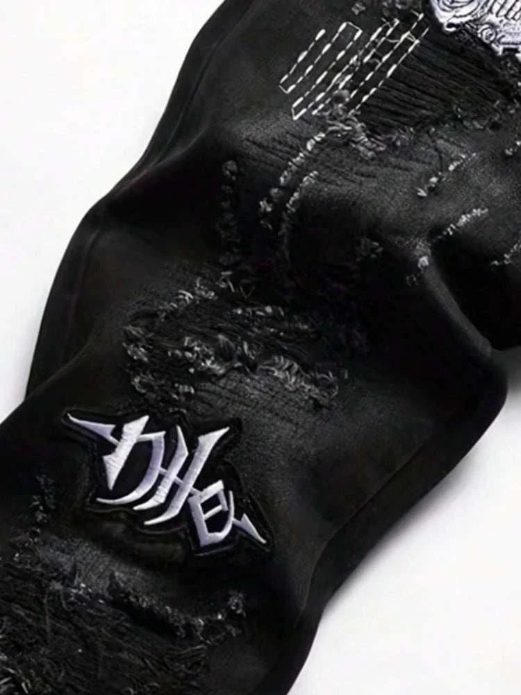 Jean Slim Noir Destroy Homme – Patch Tête de Mort, Broderie & Style Biker Rétro - Smiles shop