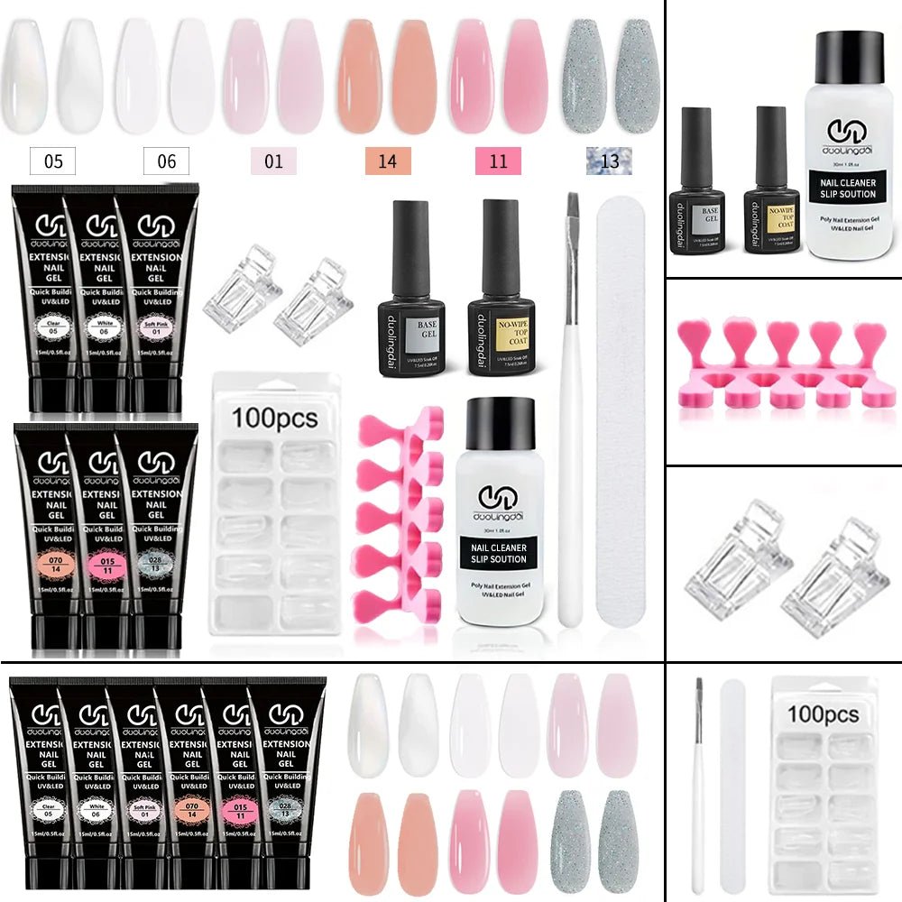 Kit d'extensions ongles en poly gel — Base, top coat, moules & pinceau inclus - Smiles shop
