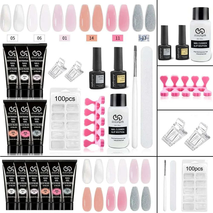 Kit d'extensions ongles en poly gel — Base, top coat, moules & pinceau inclus - Smiles shop