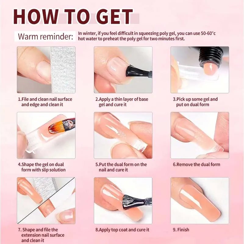 Kit d'extensions ongles en poly gel — Base, top coat, moules & pinceau inclus - Smiles shop