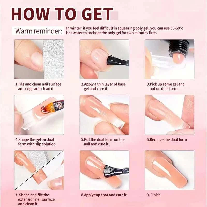 Kit d'extensions ongles en poly gel — Base, top coat, moules & pinceau inclus - Smiles shop