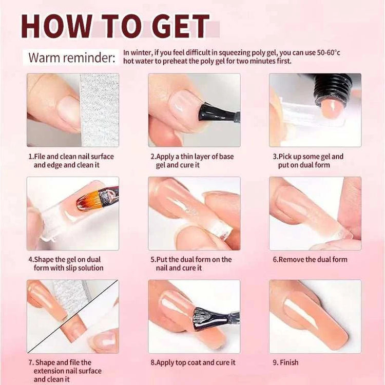 Kit d'extensions ongles en poly gel — Base, top coat, moules & pinceau inclus - Smiles shop