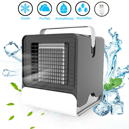 Mini Climatiseur Portable USB gris et blanc en plastique, avec grille frontale, poignée et base translucide.