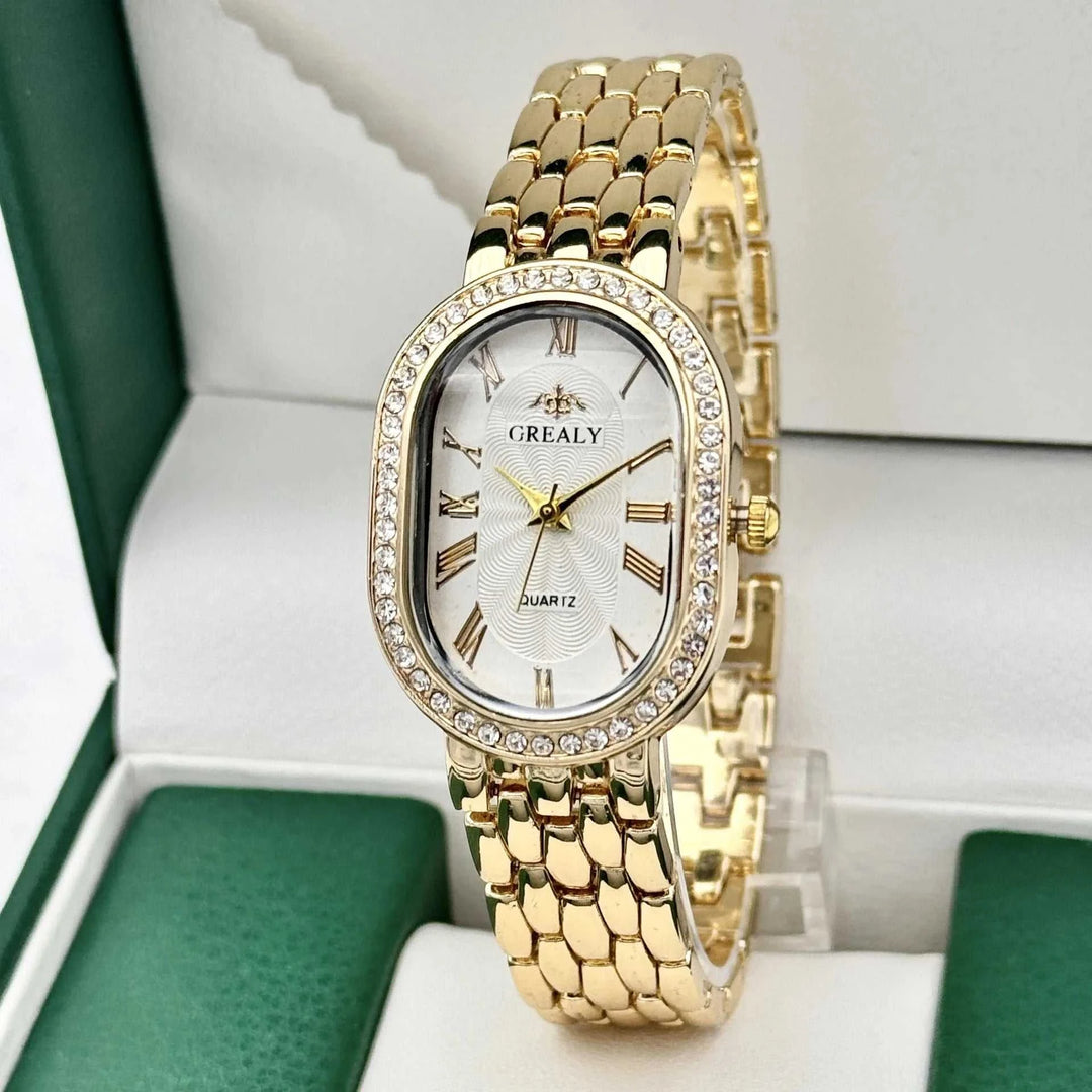Montre Femme Luxe Ovale – Chiffres Romains & Diamants Quartz - Smiles shop