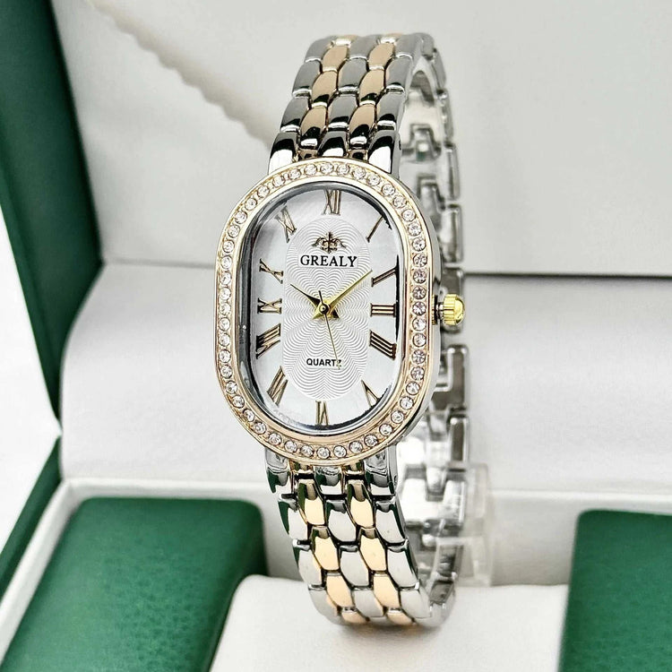 Montre Femme Luxe Ovale – Chiffres Romains & Diamants Quartz - Smiles shop