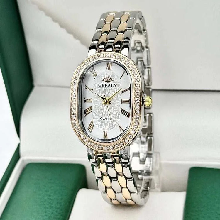 Montre Femme Luxe Ovale – Chiffres Romains & Diamants Quartz - Smiles shop