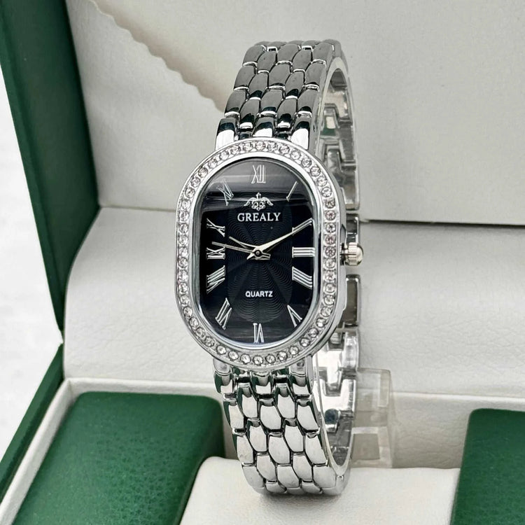Montre Femme Luxe Ovale – Chiffres Romains & Diamants Quartz - Smiles shop