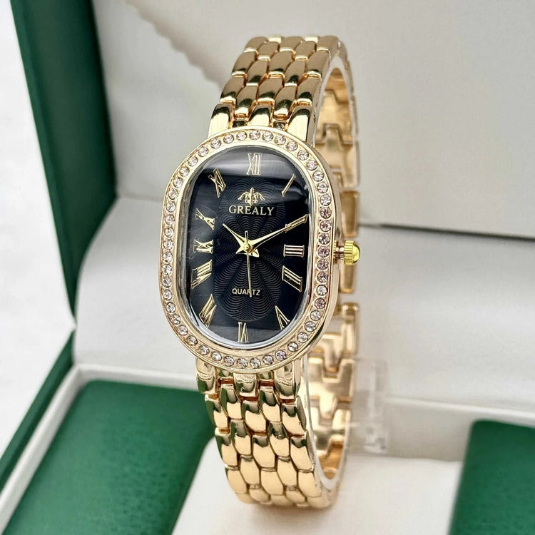 Montre Femme Luxe Ovale – Chiffres Romains & Diamants Quartz - Smiles shop